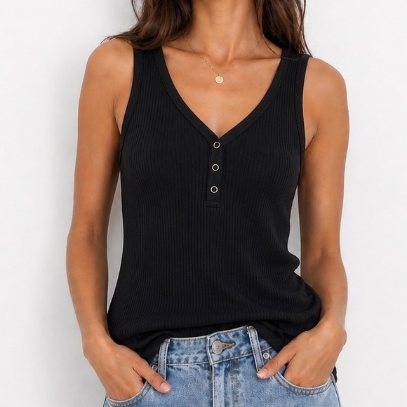 Coeur De Vague Tops - Effortless Chic Black Ribbed Henley Tank Womens Large Sleeveless V-Neck